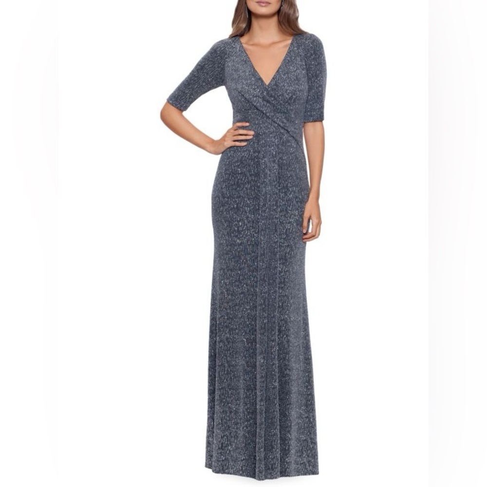 Betsy & Adam Elbow Sleeve Glitter Sheath Gown Size 10